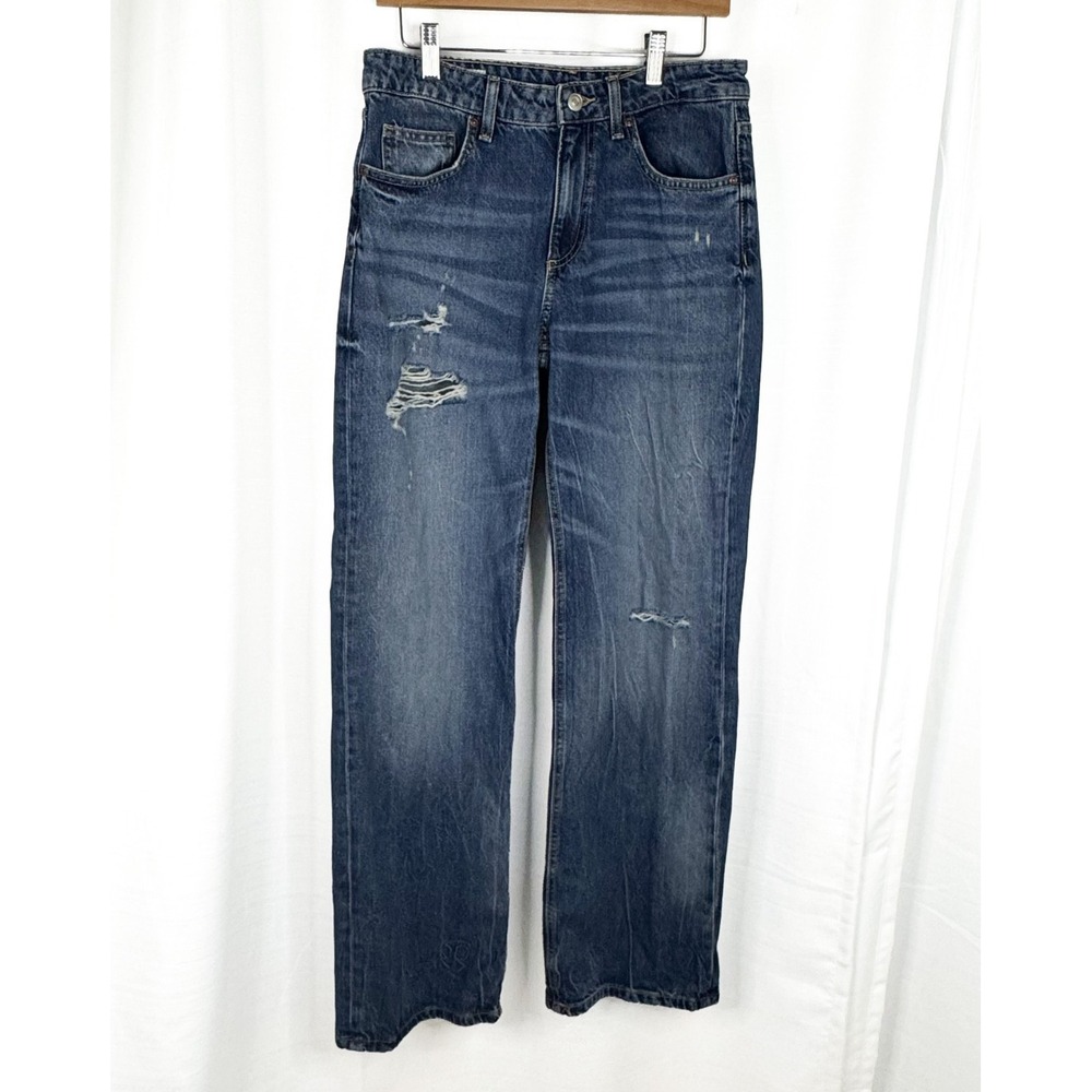 Zara TRF Jeans Womens 6 Blue Mid Rise Wide Leg Distressed Ripped Denim 5359